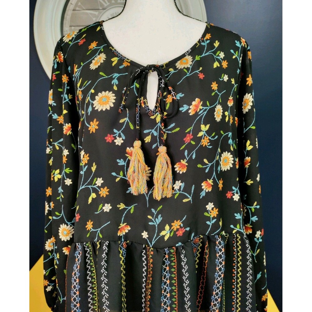 Chenault Babydoll Blouse Top Size XL Black Floral Boho Peasant Flowy Cottagecore - Picture 2 of 10